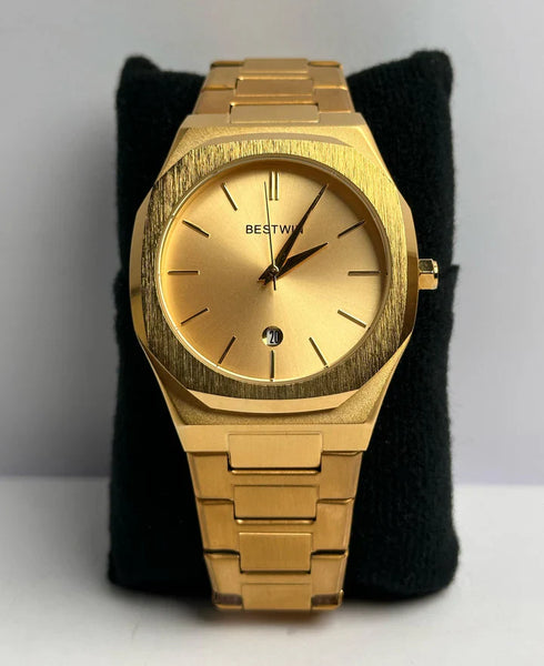 Bestwin 813 gold quartz watch for men with stainless steel band