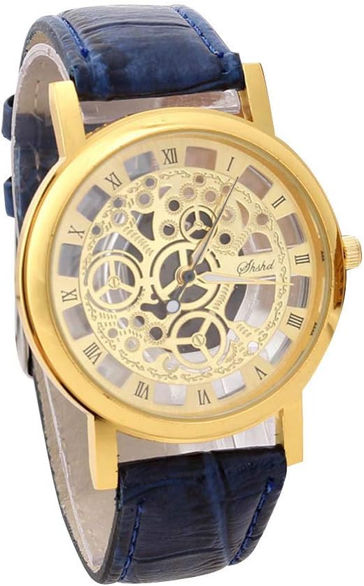 Luxury men's skeleton watch with leather strap and hollow-out dial
