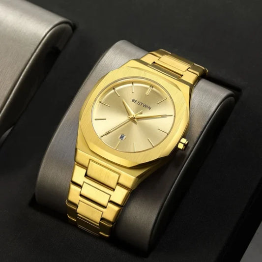 Bestwin 813 gold quartz watch for men with stainless steel band