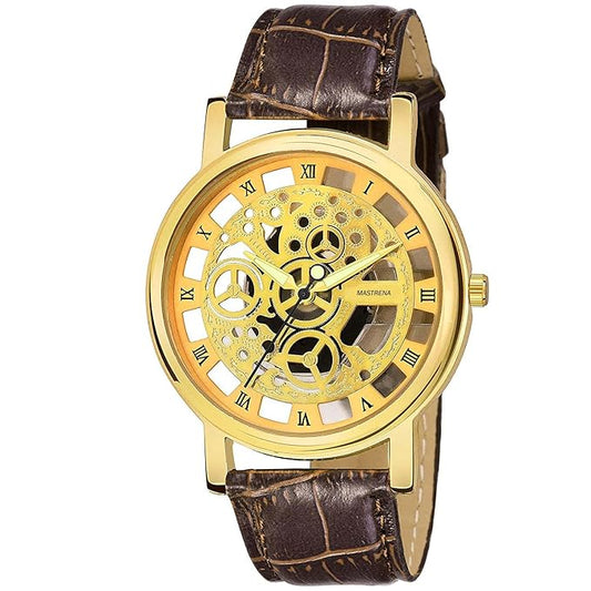 Luxury men's skeleton watch with leather strap and hollow-out dialv