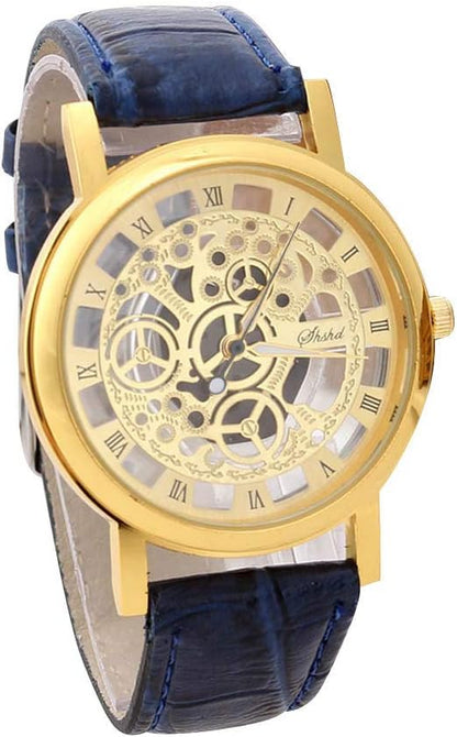 Luxury men's skeleton watch with leather strap and hollow-out dial
