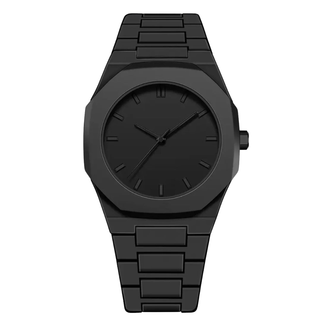 Black aura wristwatch with a minimalist design on a white background