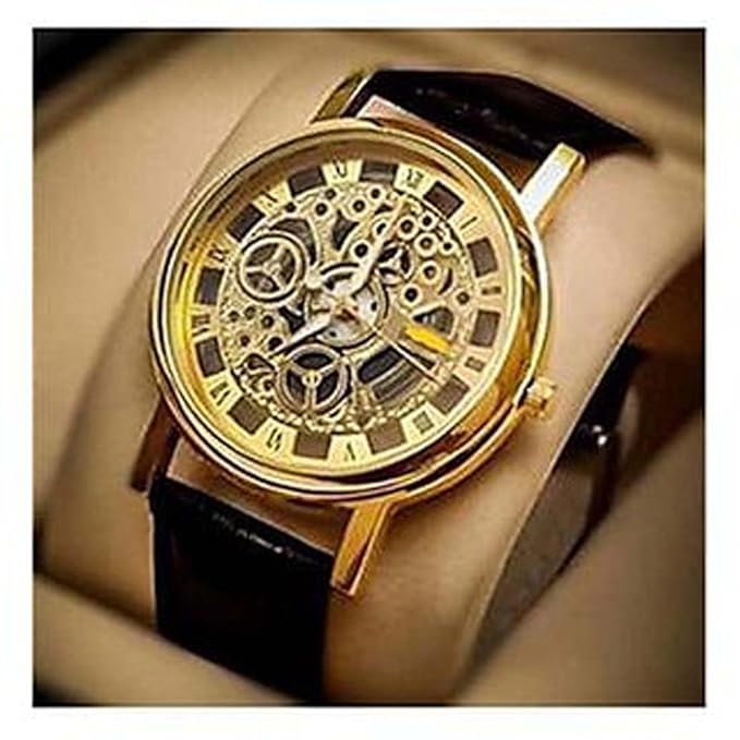 Luxury men's skeleton watch with leather strap and hollow-out dial