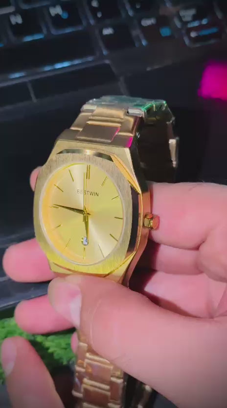 Bestwin 813 gold quartz watch for men with stainless steel band