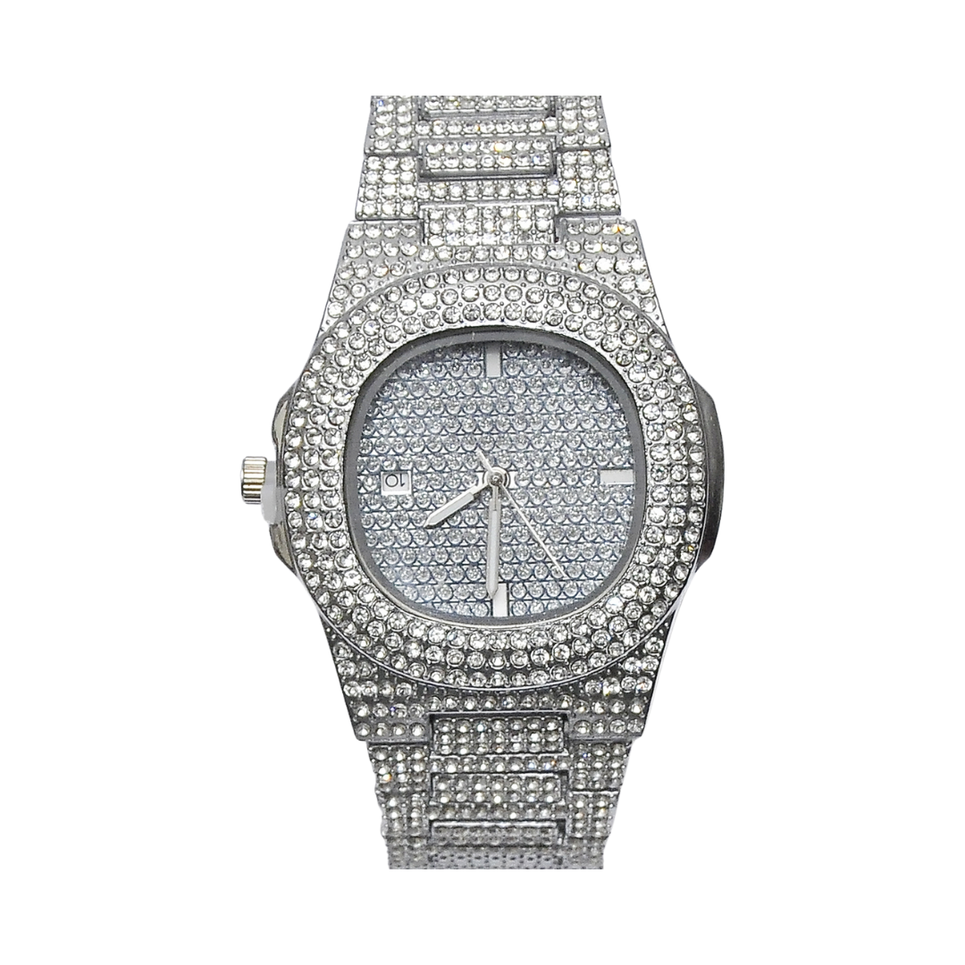 Silver Crystal Studded Luxury Unisex Watch – High-Grade Iced Out