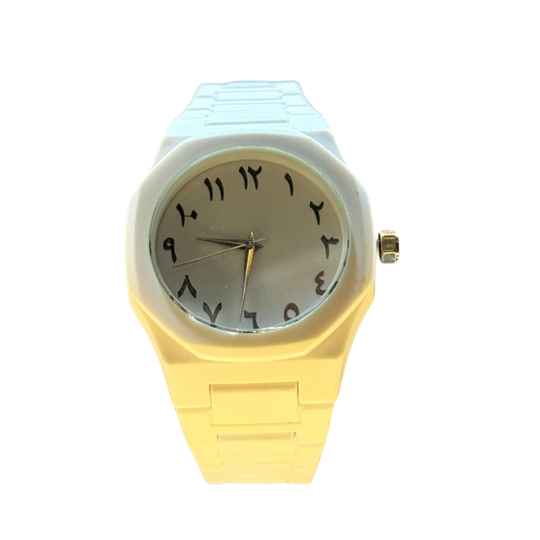 Black aura wristwatch with a minimalist design on a white background